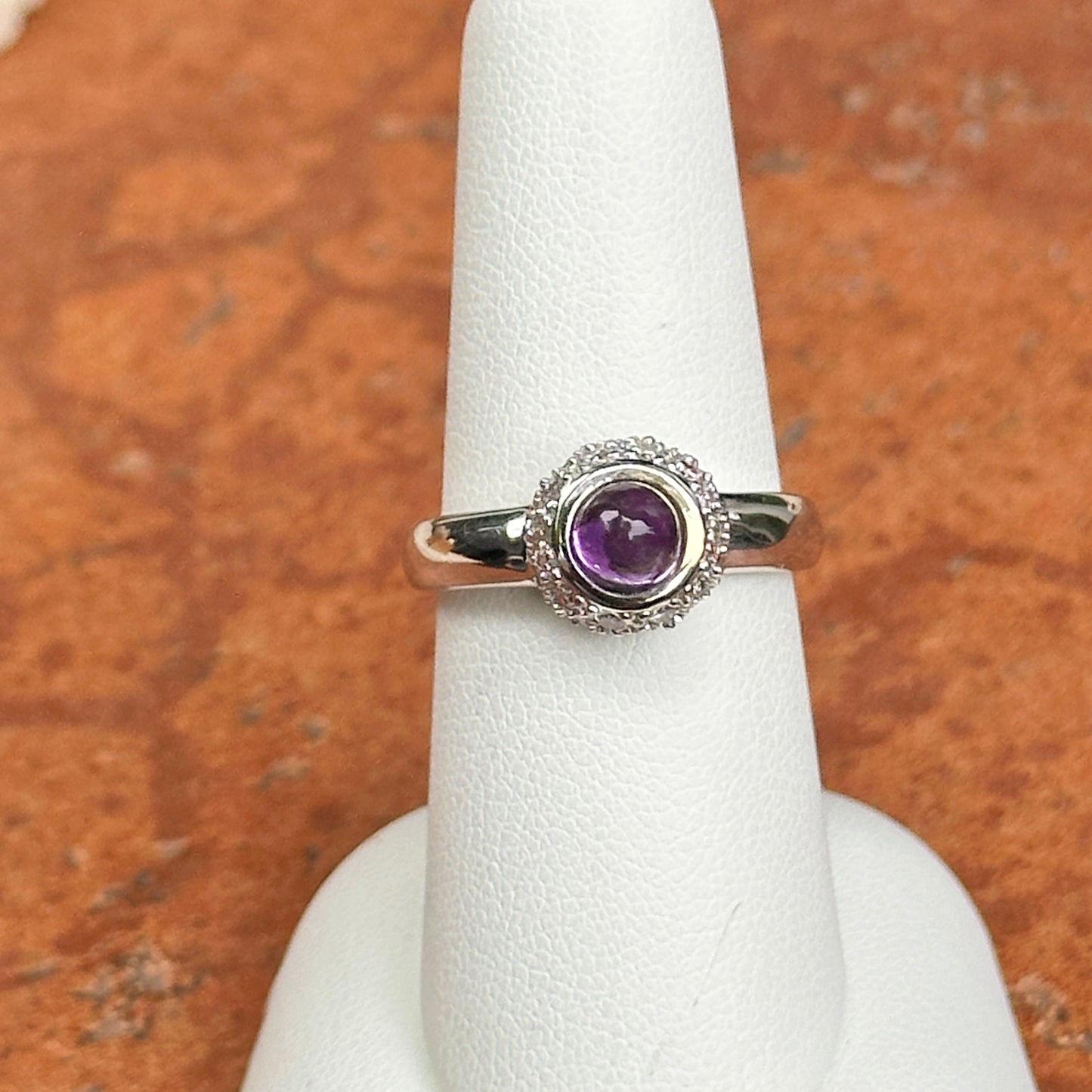 Estate 14KT White Gold Cabochon Amethyst + Pave Diamond Ring