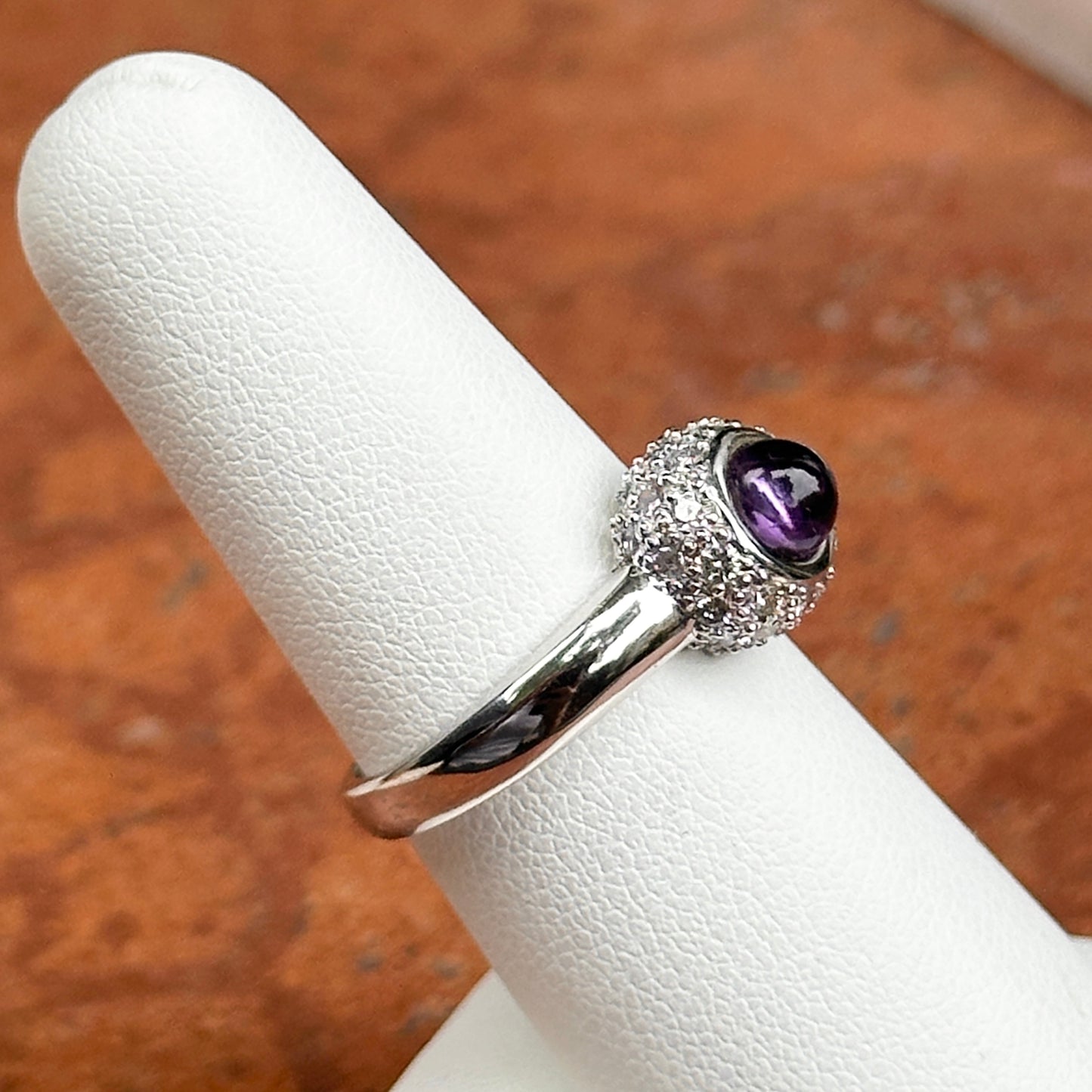 Estate 14KT White Gold Cabochon Amethyst + Pave Diamond Ring