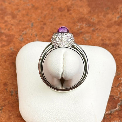 Estate 14KT White Gold Cabochon Amethyst + Pave Diamond Ring