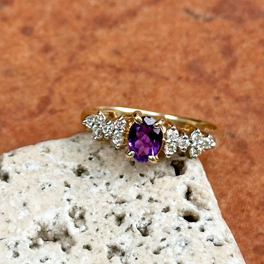 Estate 14KT Yellow Gold Oval .40 CT Amethyst + Diamond Ring