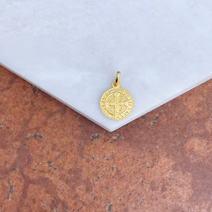 18KT Yellow Gold Matte St Benedict Round Medal Pendant Charm 12mm