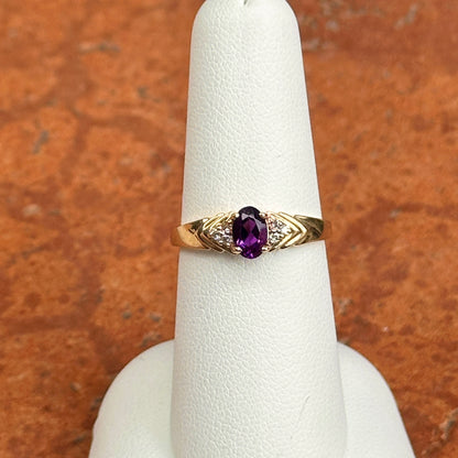 Estate 14KT Yellow Gold Oval Amethyst + Diamond Ring