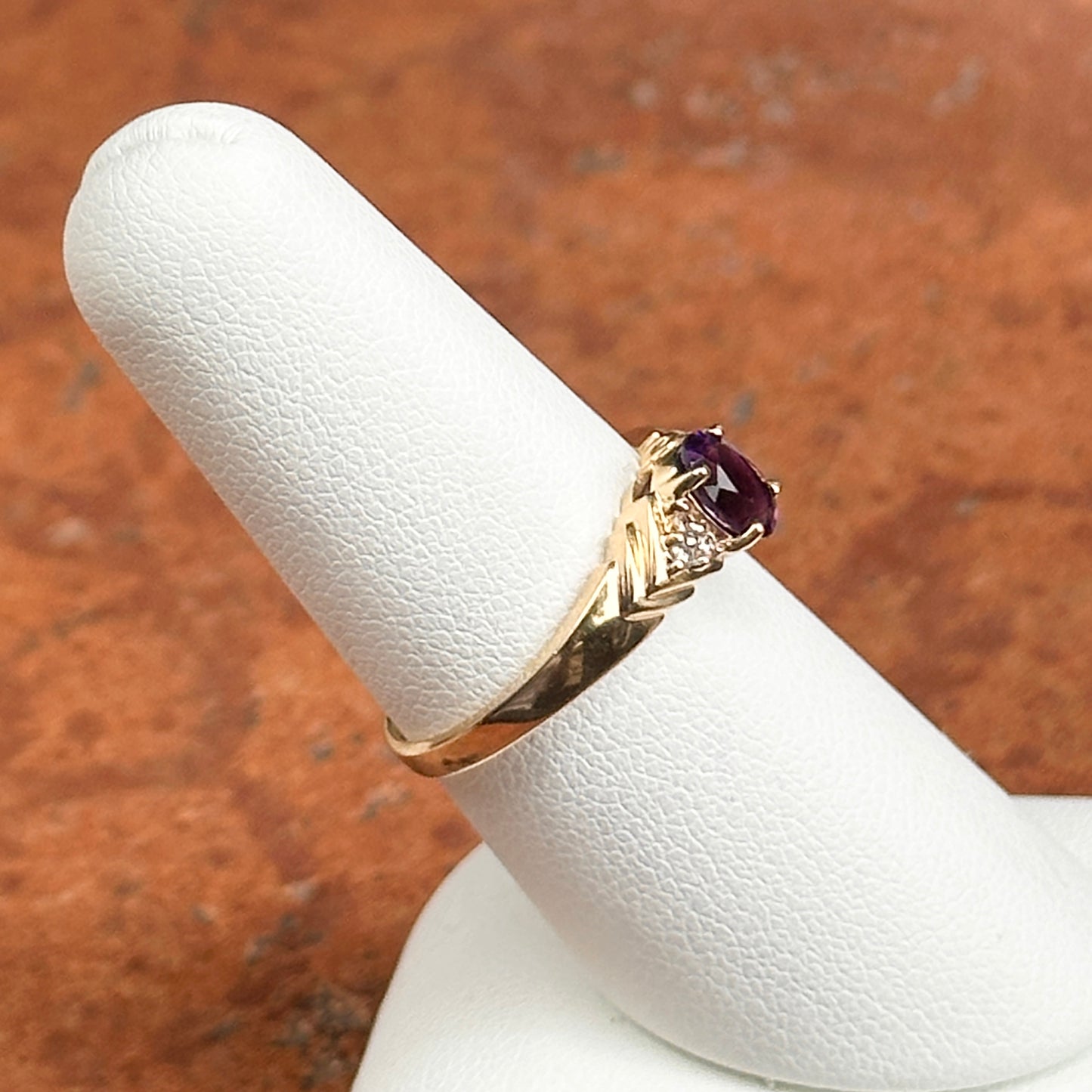 Estate 14KT Yellow Gold Oval Amethyst + Diamond Ring