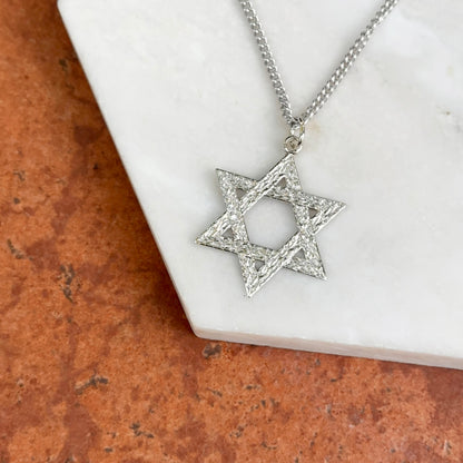 Polished Sterling Silver Textured Star of David Pendant Necklace 18in