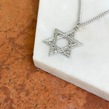 Polished Sterling Silver Textured Star of David Pendant Necklace 18in