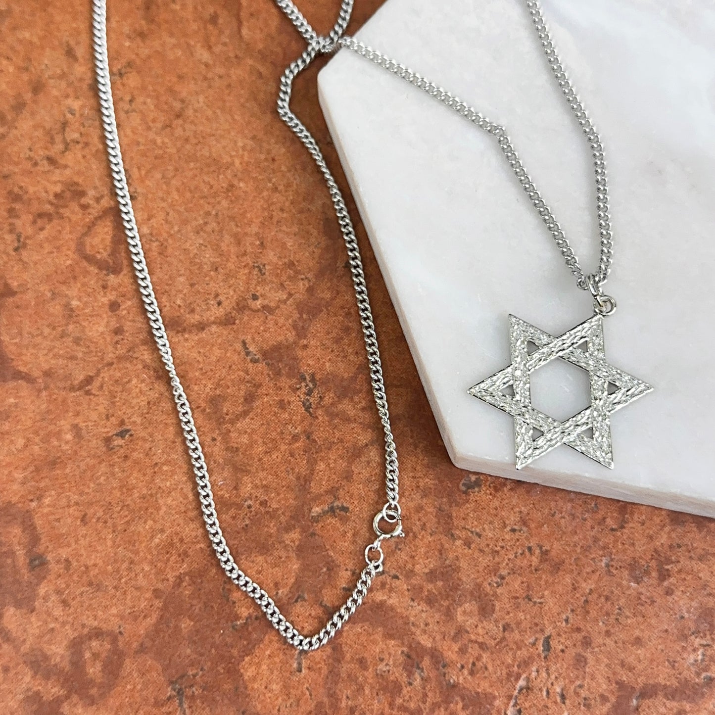 Polished Sterling Silver Textured Star of David Pendant Necklace 18in