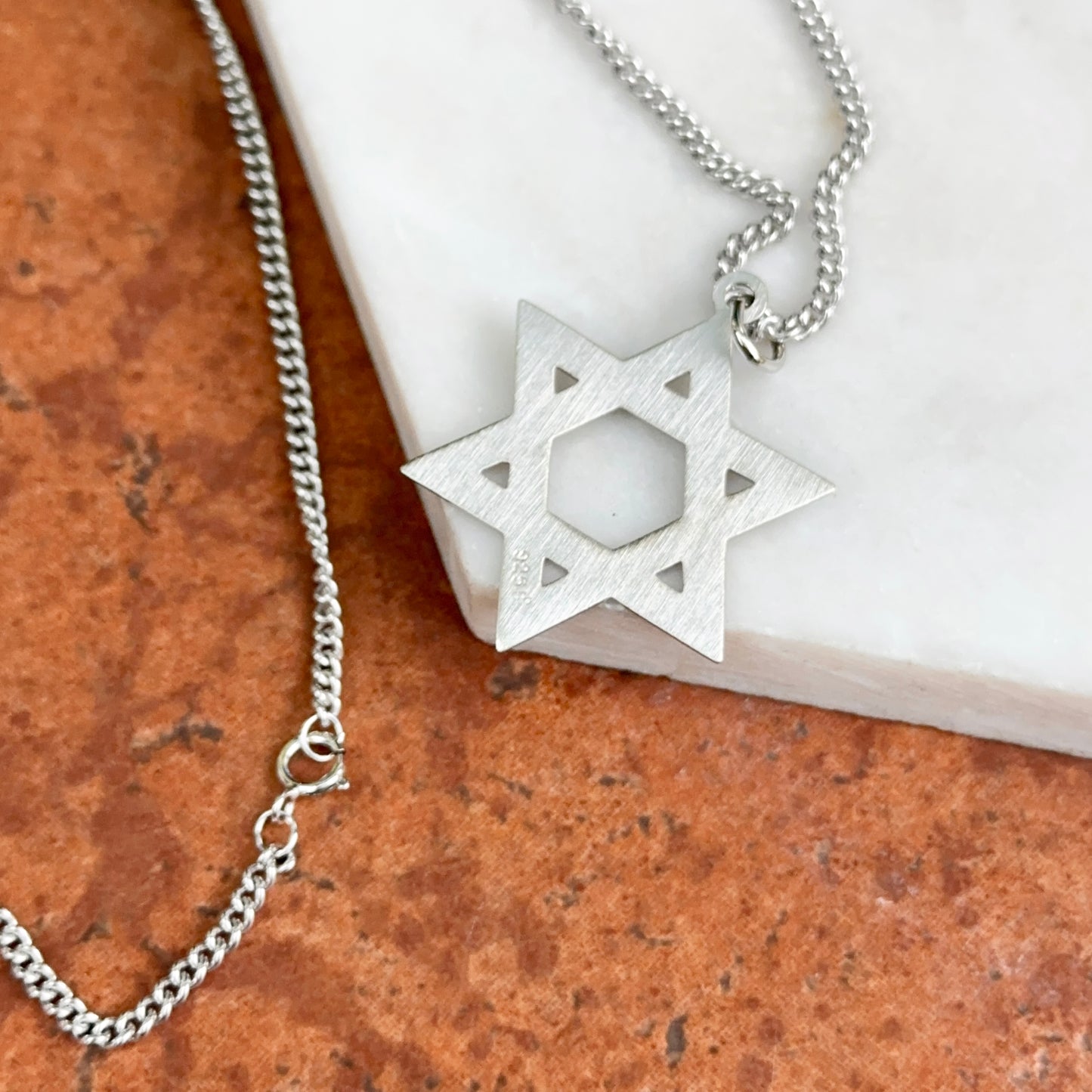 Polished Sterling Silver Textured Star of David Pendant Necklace 18in