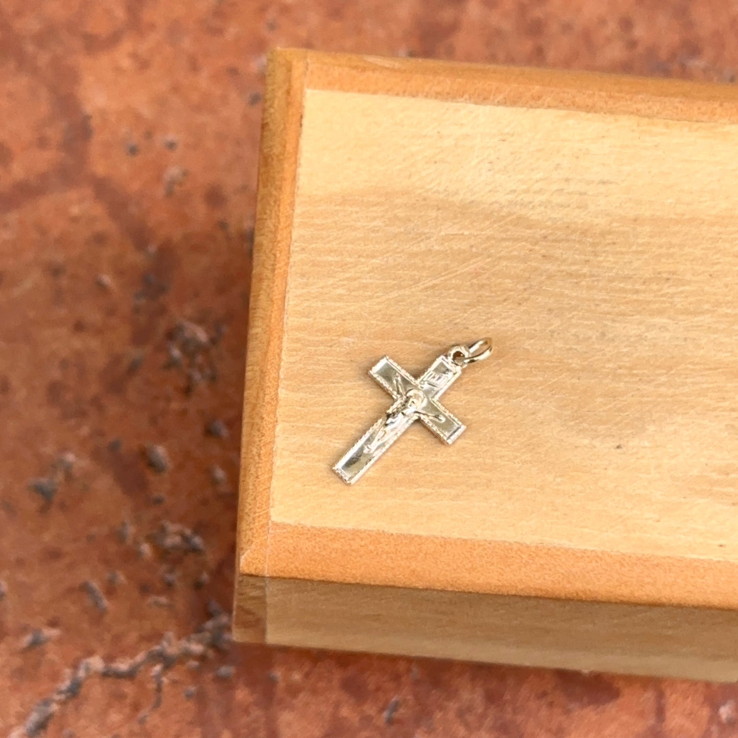 14KT Yellow Gold Mini INRI Crucifix Textured Cross Pendant Charm