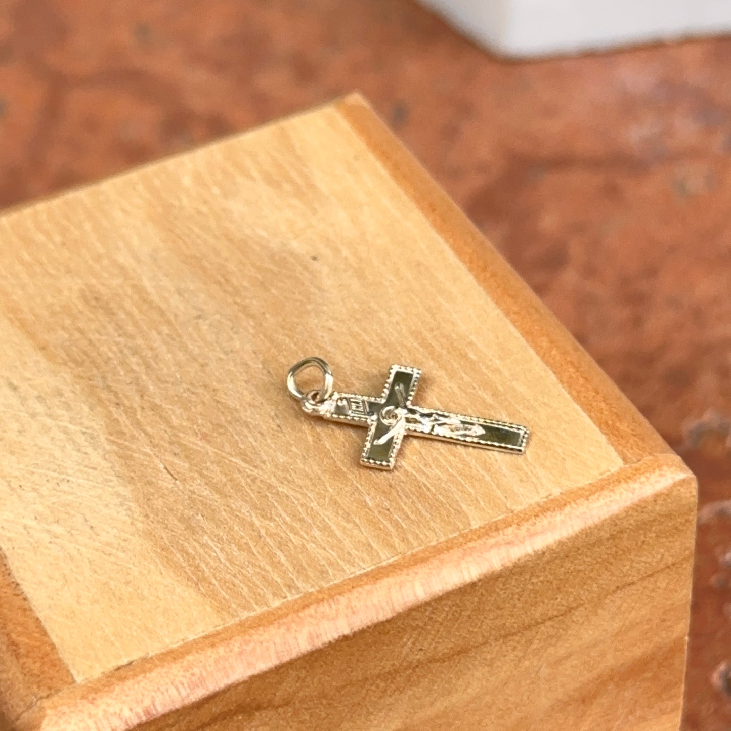 14KT Yellow Gold Mini INRI Crucifix Textured Cross Pendant Charm