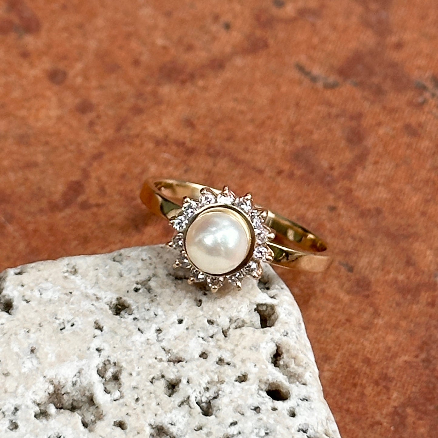 Estate 14KT Yellow Gold Pearl + Diamond Halo Ring
