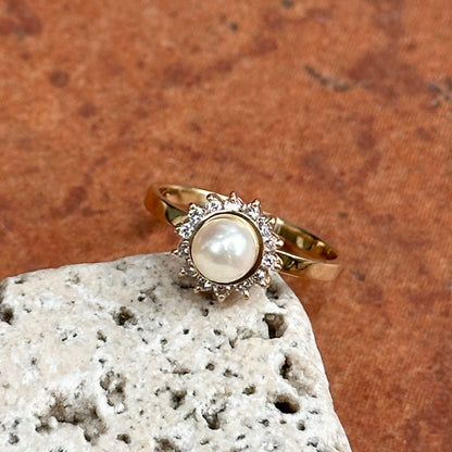 Estate 14KT Yellow Gold Pearl + Diamond Halo Ring