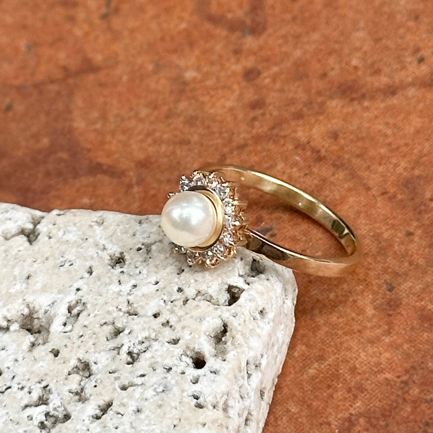 Estate 14KT Yellow Gold Pearl + Diamond Halo Ring