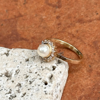 Estate 14KT Yellow Gold Pearl + Diamond Halo Ring