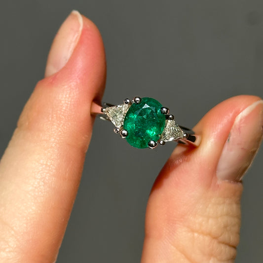 Estate Platinum Oval-Cut Colombian Emerald + Diamond Ring