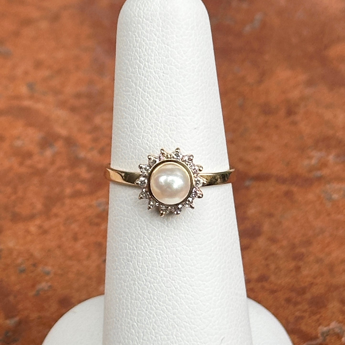 Estate 14KT Yellow Gold Pearl + Diamond Halo Ring