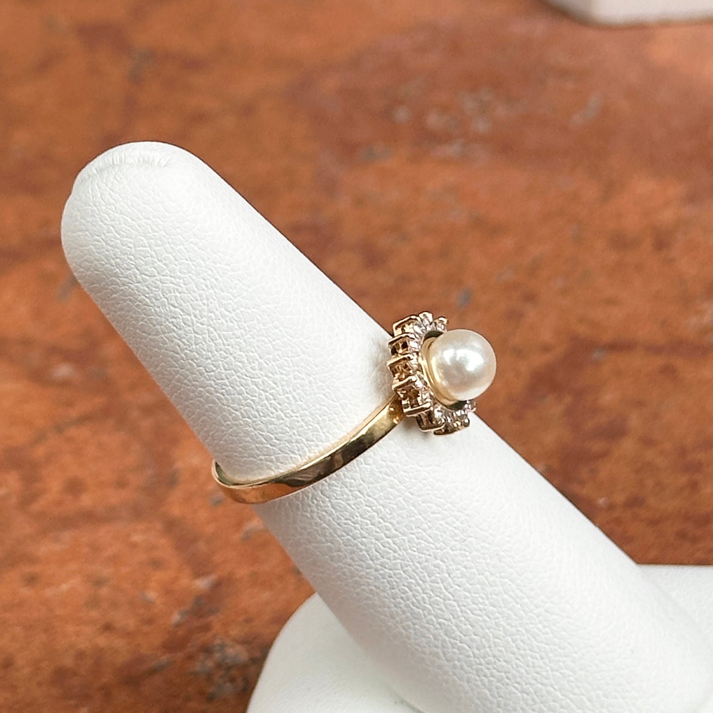 Estate 14KT Yellow Gold Pearl + Diamond Halo Ring