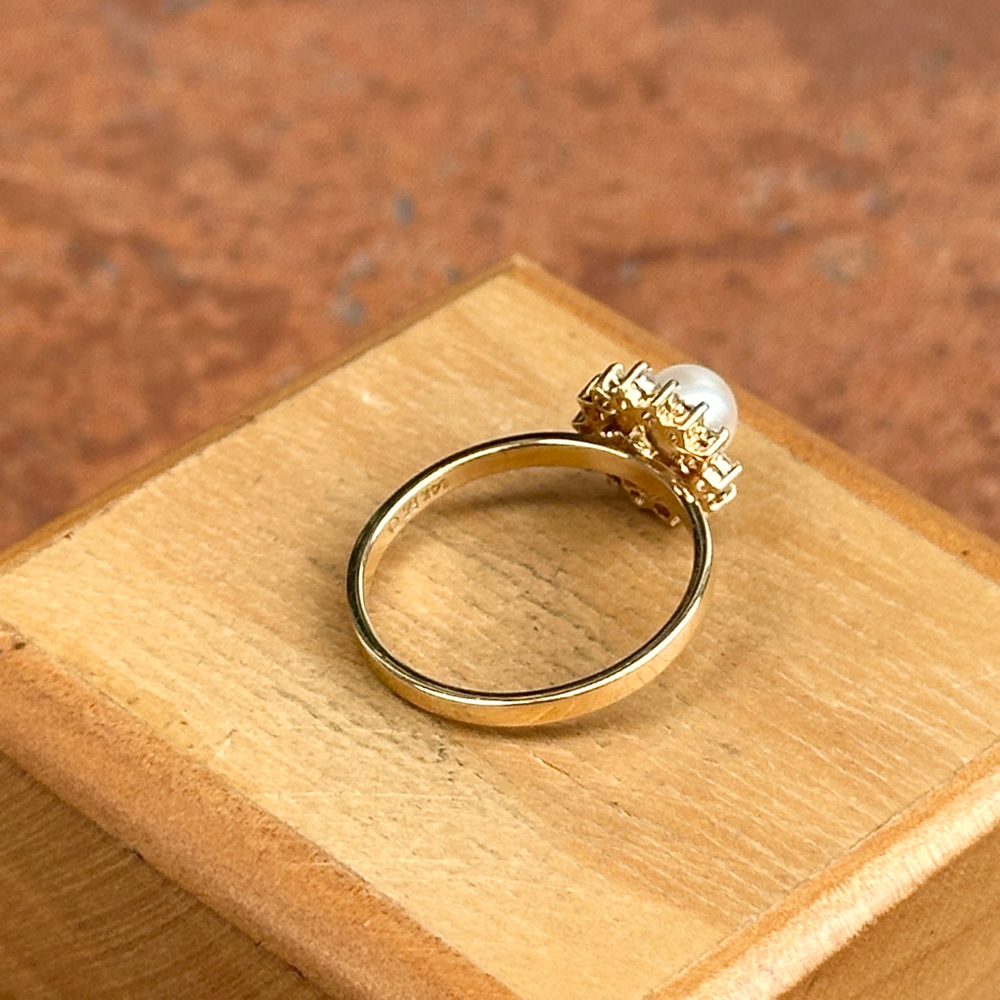 Estate 14KT Yellow Gold Pearl + Diamond Halo Ring