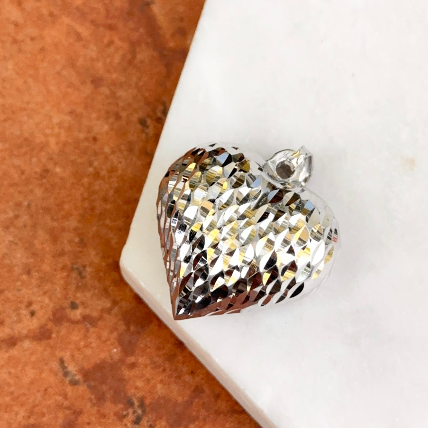 Sterling Silver Diamond-Cut Textured/Smooth Reversible Puffed Heart Pendant
