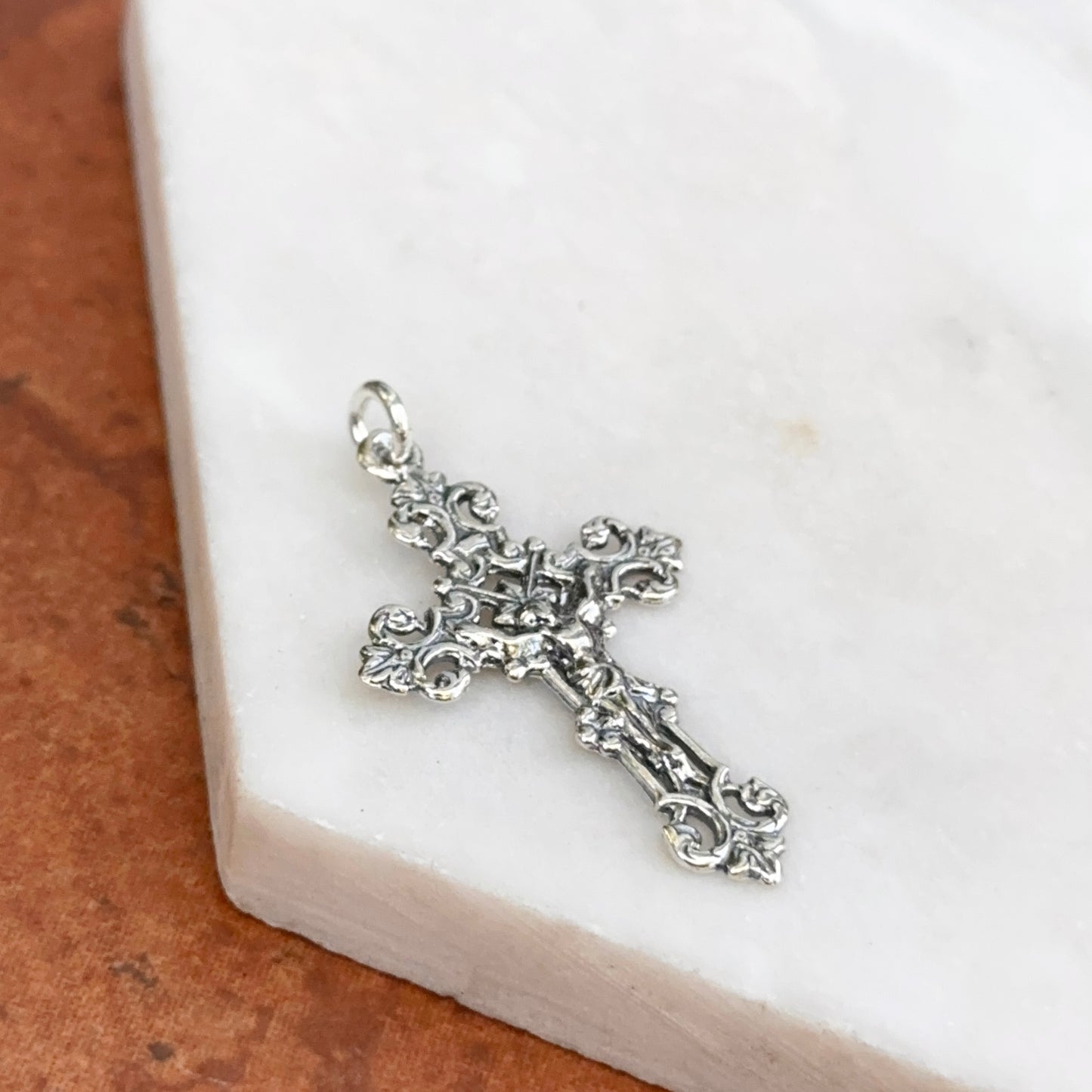 Sterling Silver Shiny Detailed Crucifix Cross Pendant Charm