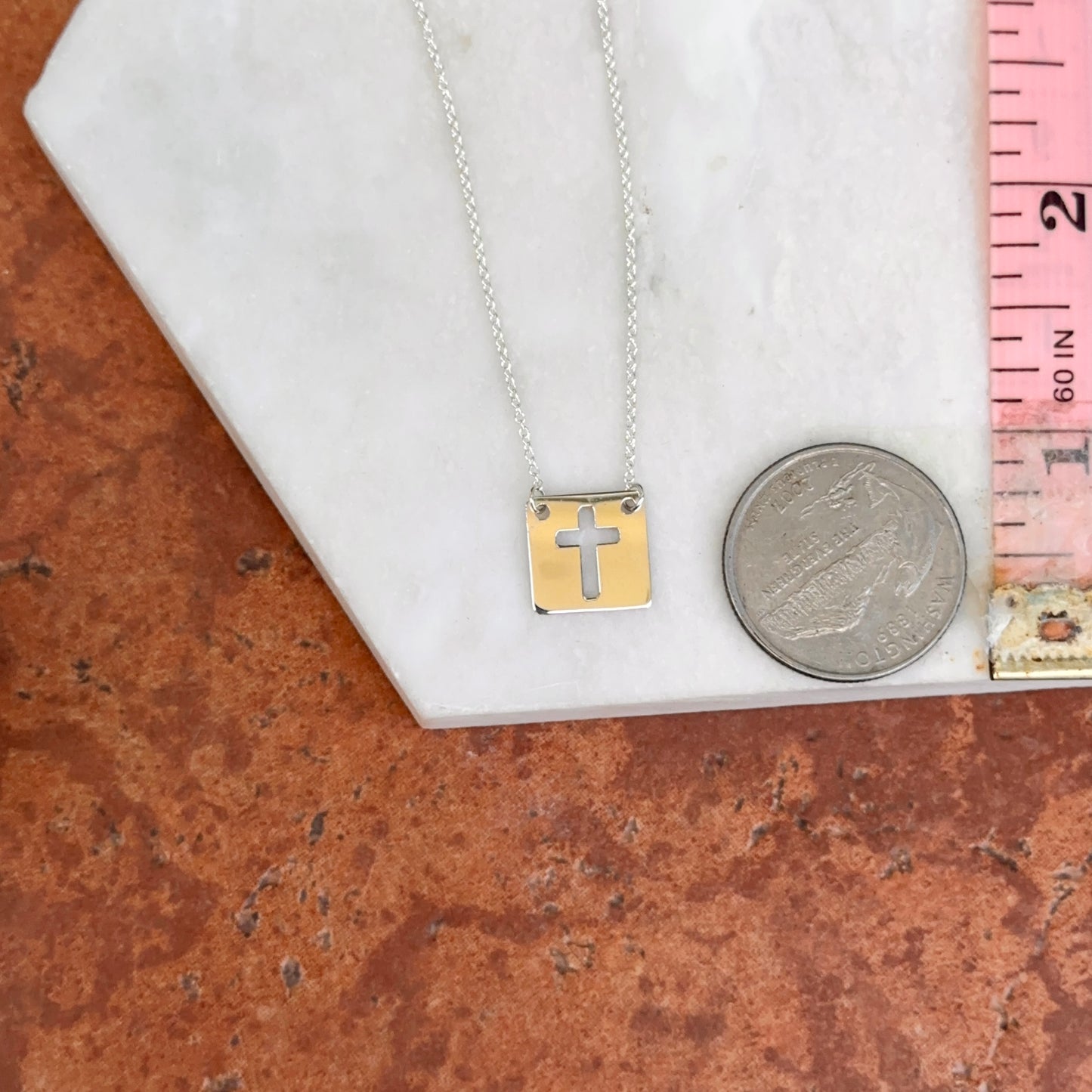 Sterling Silver Square Medal Cut-Out Cross Pendant Necklace