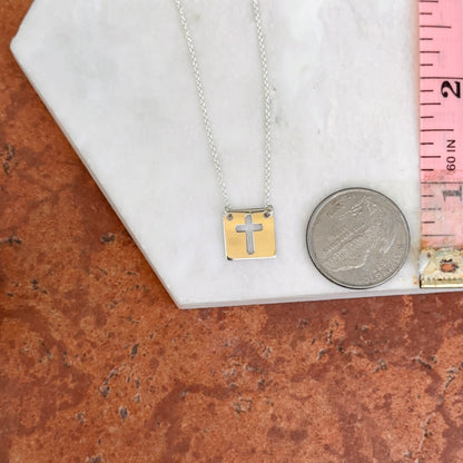 Sterling Silver Square Medal Cut-Out Cross Pendant Necklace