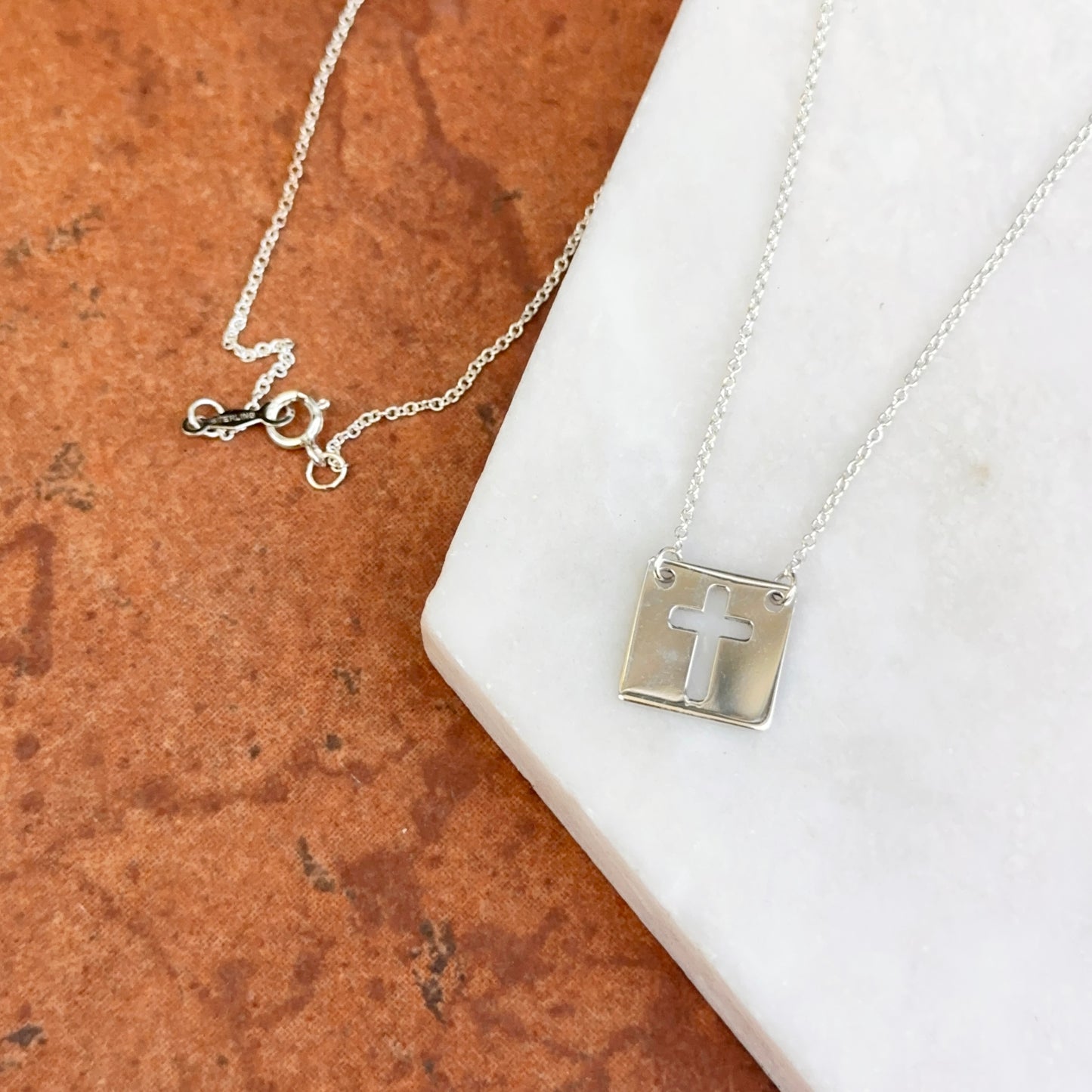 Sterling Silver Square Medal Cut-Out Cross Pendant Necklace