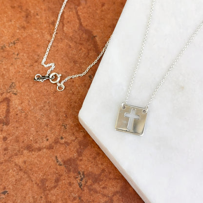 Sterling Silver Square Medal Cut-Out Cross Pendant Necklace