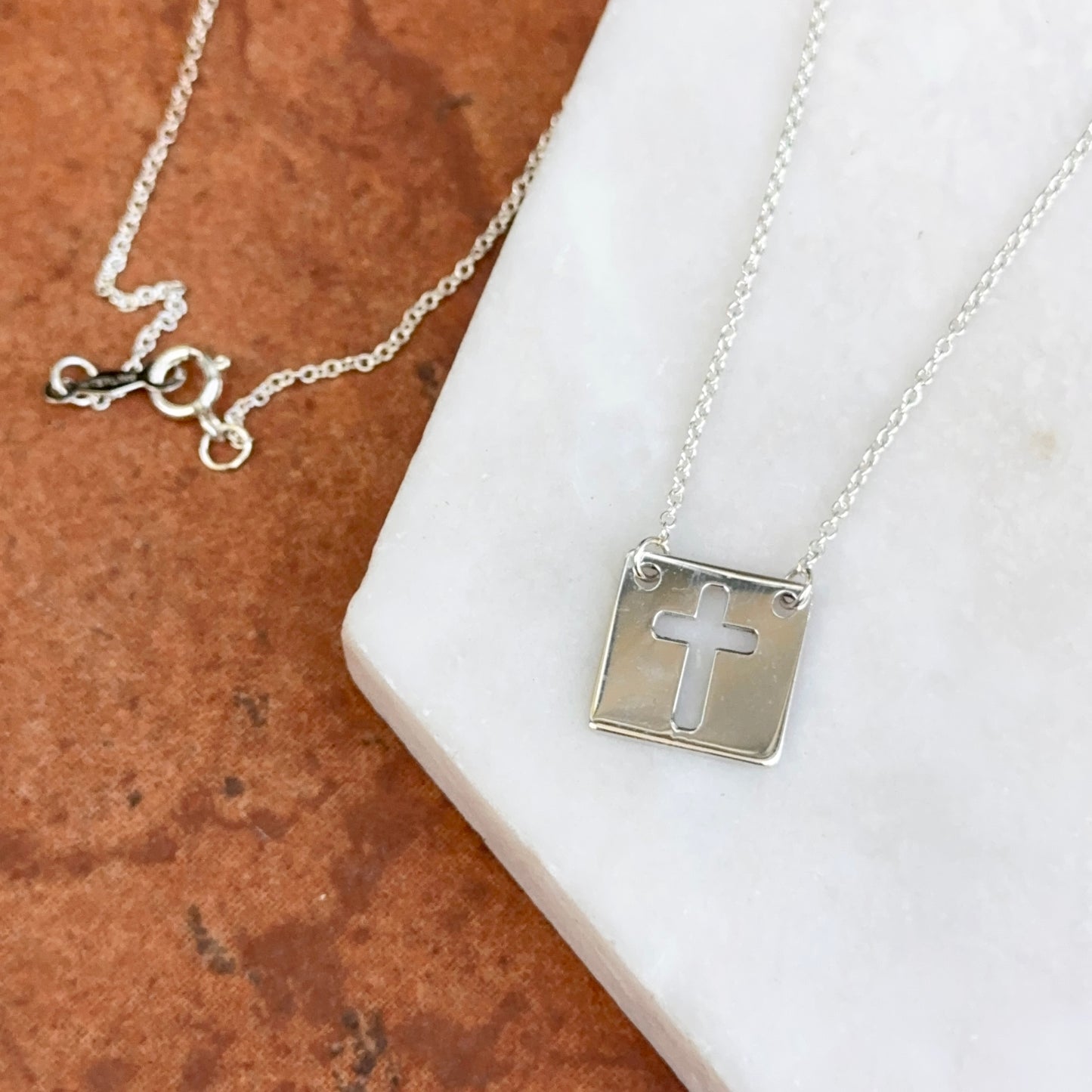 Sterling Silver Square Medal Cut-Out Cross Pendant Necklace