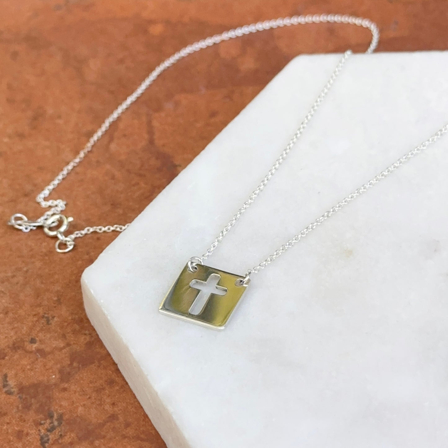 Sterling Silver Square Medal Cut-Out Cross Pendant Necklace