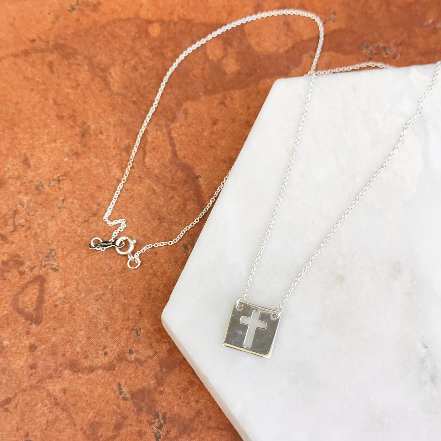 Sterling Silver Square Medal Cut-Out Cross Pendant Necklace