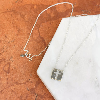 Sterling Silver Square Medal Cut-Out Cross Pendant Necklace