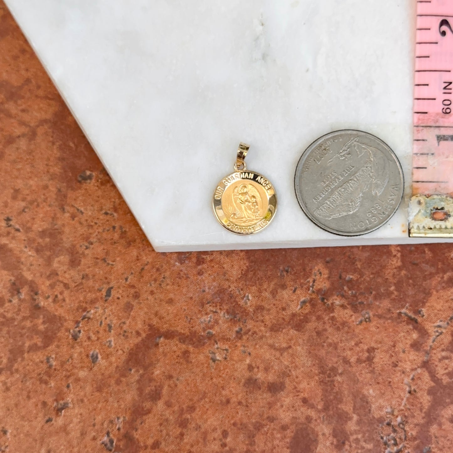 14KT Yellow Gold Guardian Angel "Protect Us" Medal Pendant Charm