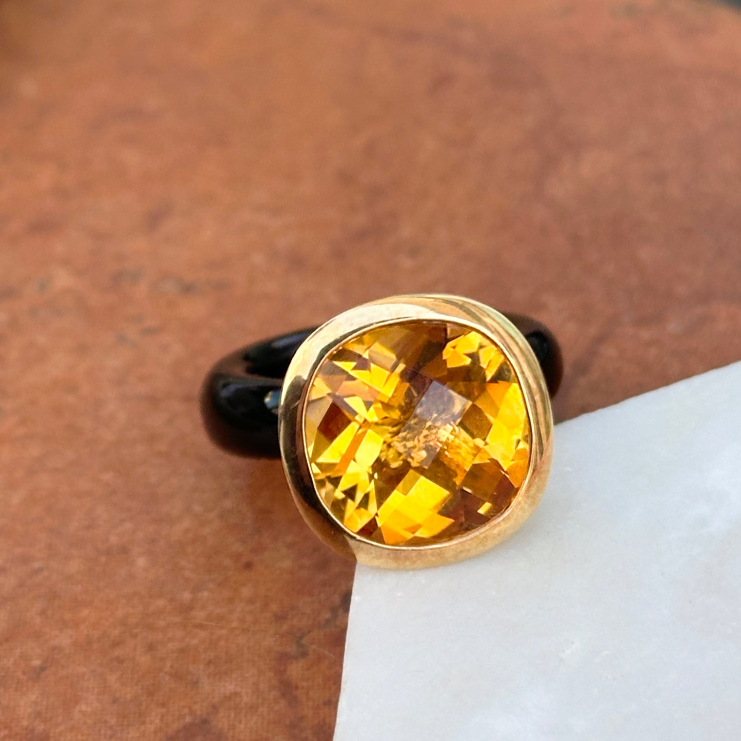 Estate 10KT Yellow Gold Black Onyx Band + Citrine Ring 7