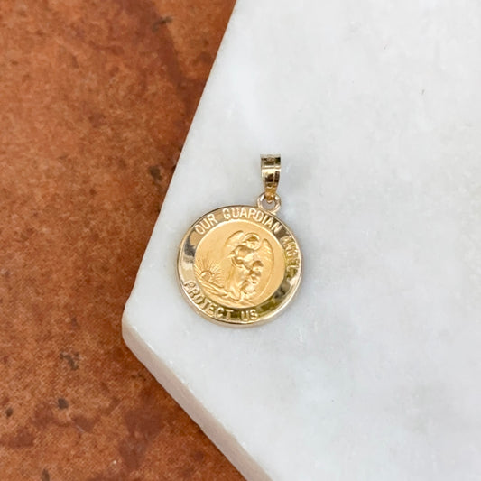14KT Yellow Gold Guardian Angel "Protect Us" Medal Pendant Charm