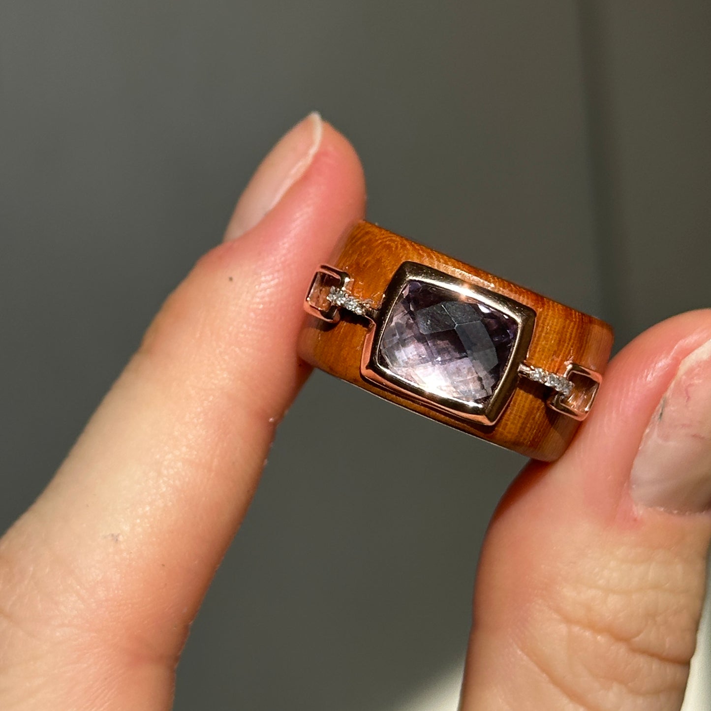 Vintage 10KT Rose Gold Amethyst Red Wood + Diamond Ring