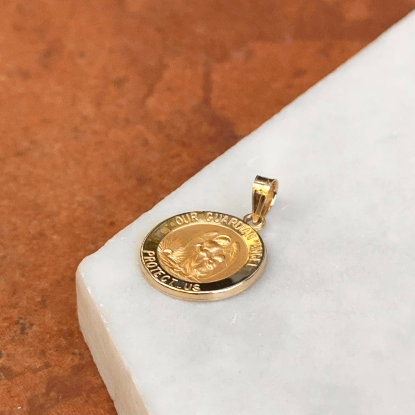 14KT Yellow Gold Guardian Angel "Protect Us" Medal Pendant Charm