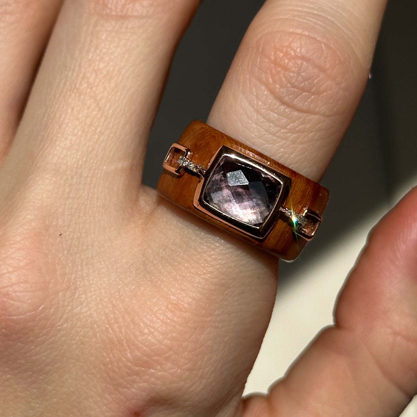 Vintage 10KT Rose Gold Amethyst Red Wood + Diamond Ring