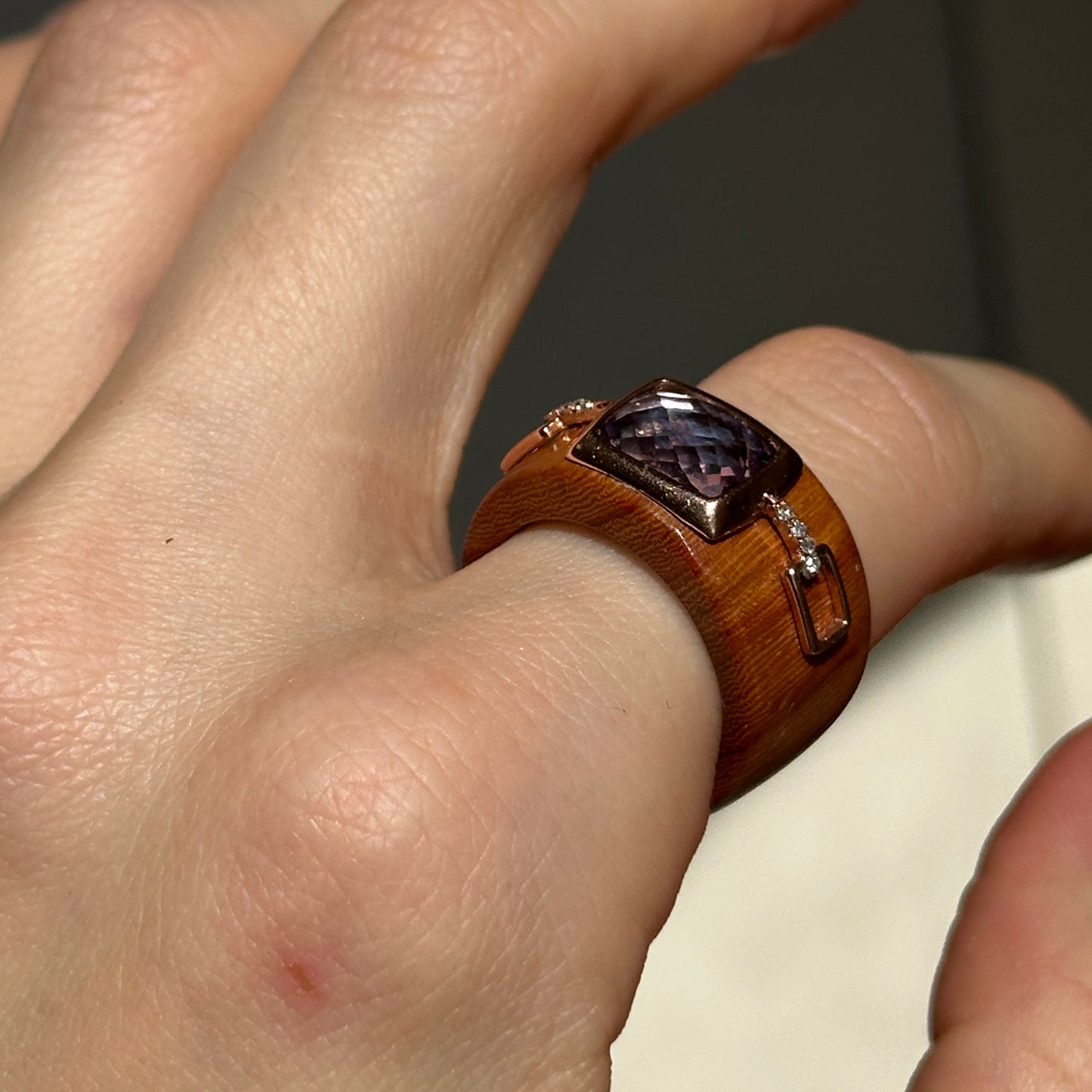 Vintage 10KT Rose Gold Amethyst Red Wood + Diamond Ring