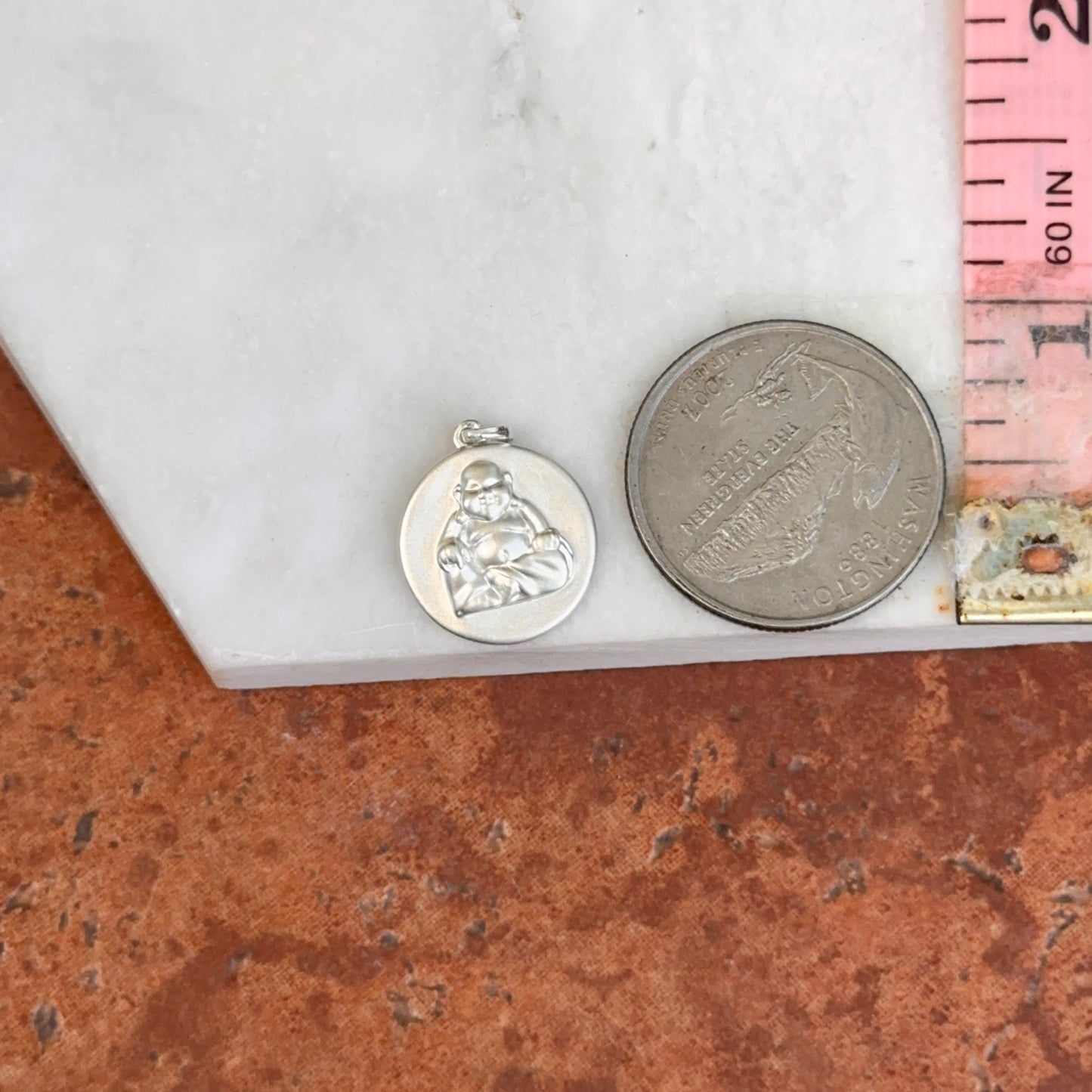 Sterling Silver Polished Round Bas Relief Buddha Pendant Charm