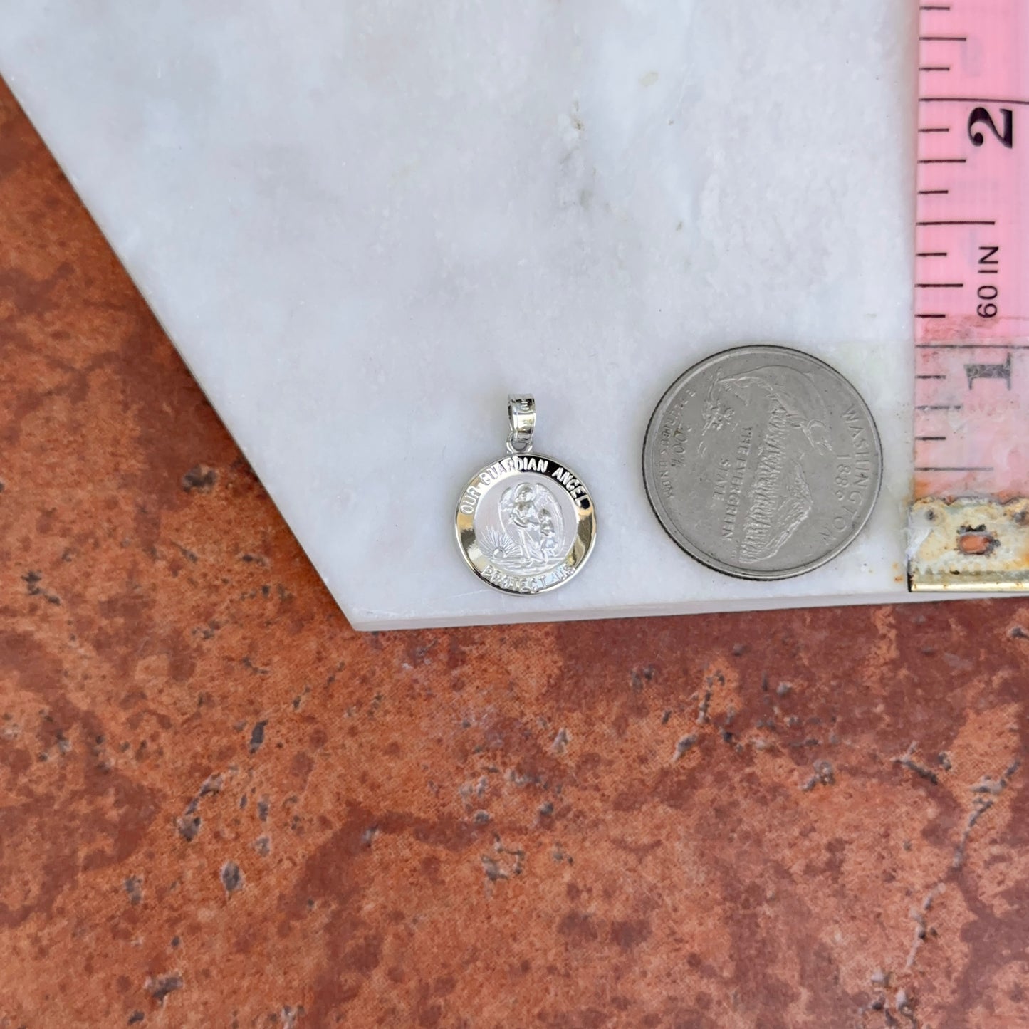 14KT White Gold Guardian Angel "Protect Us" Medal Pendant Charm