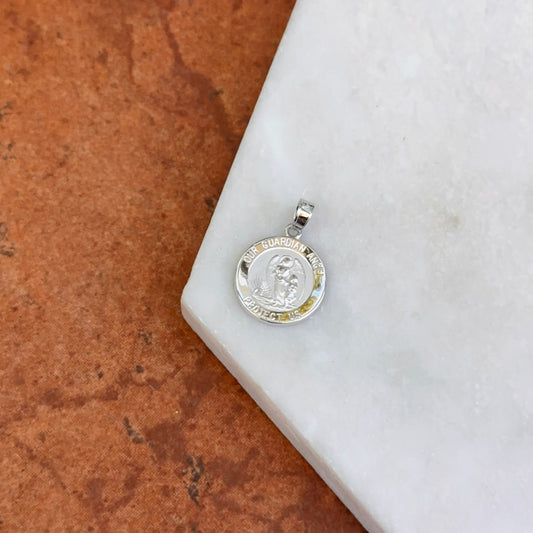 14KT White Gold Guardian Angel "Protect Us" Medal Pendant Charm