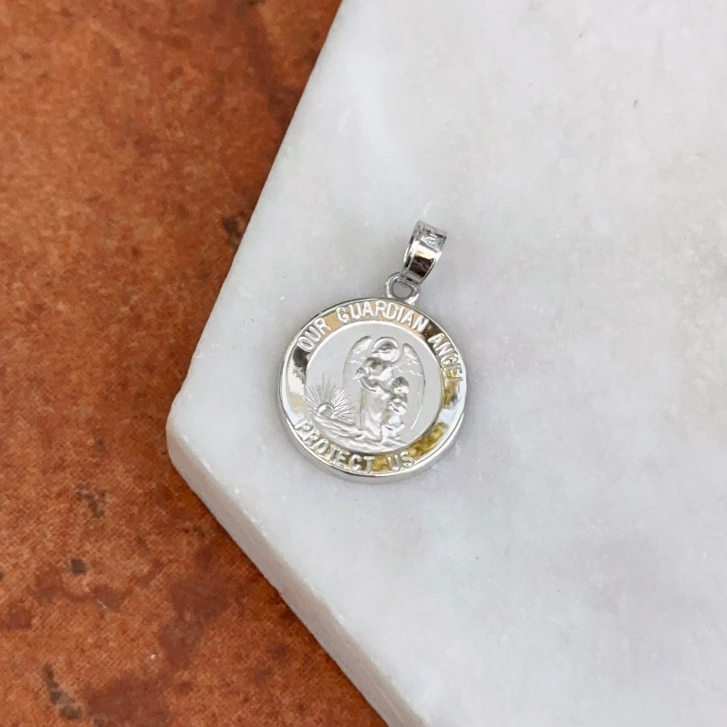 14KT White Gold Guardian Angel "Protect Us" Medal Pendant Charm