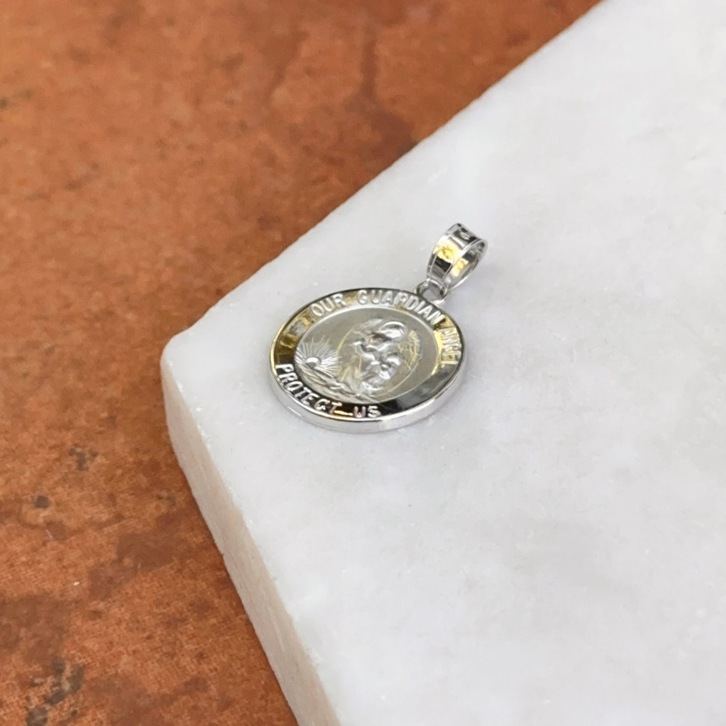 14KT White Gold Guardian Angel "Protect Us" Medal Pendant Charm