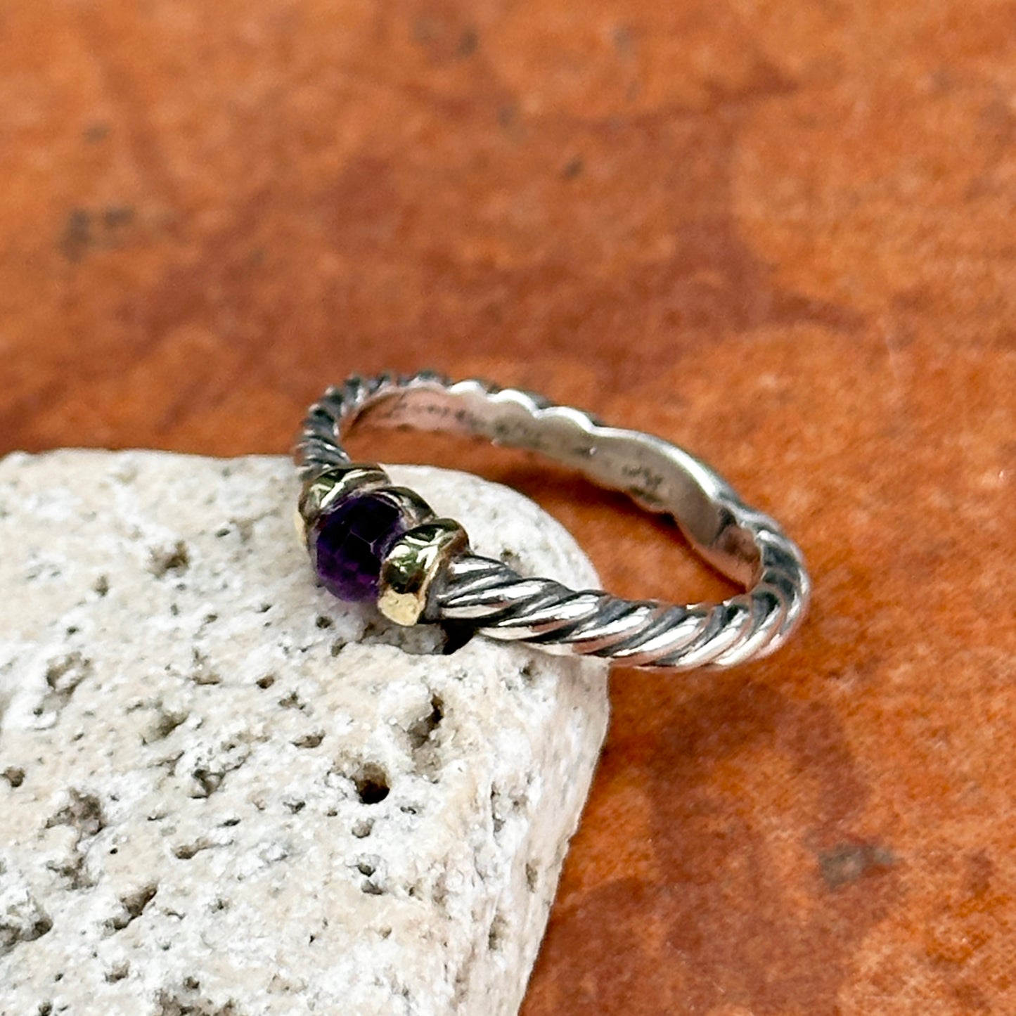 Estate David Yurman Sterling Silver + 18KT Yellow Gold Amethyst Ring
