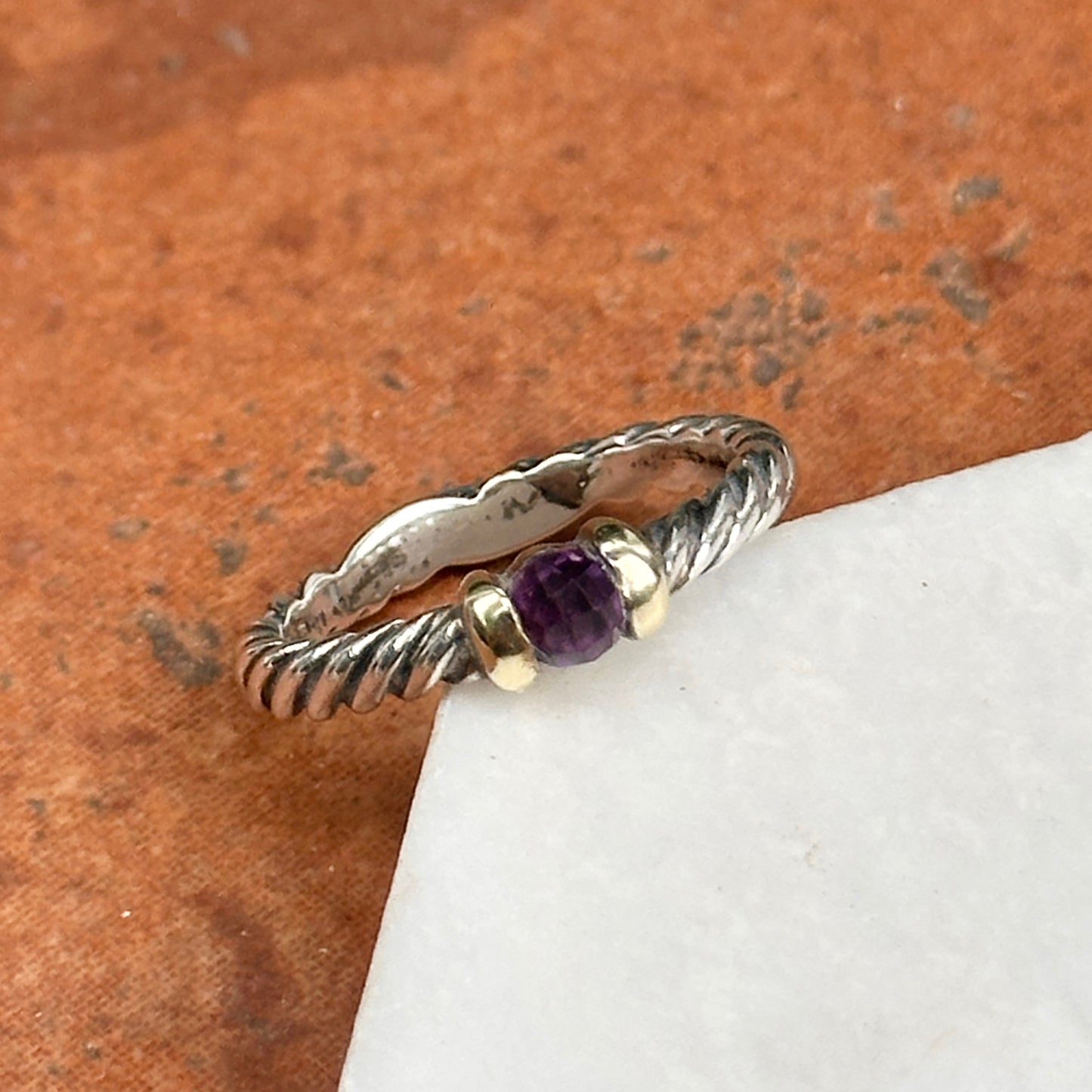 Estate David Yurman Sterling Silver + 18KT Yellow Gold Amethyst Ring
