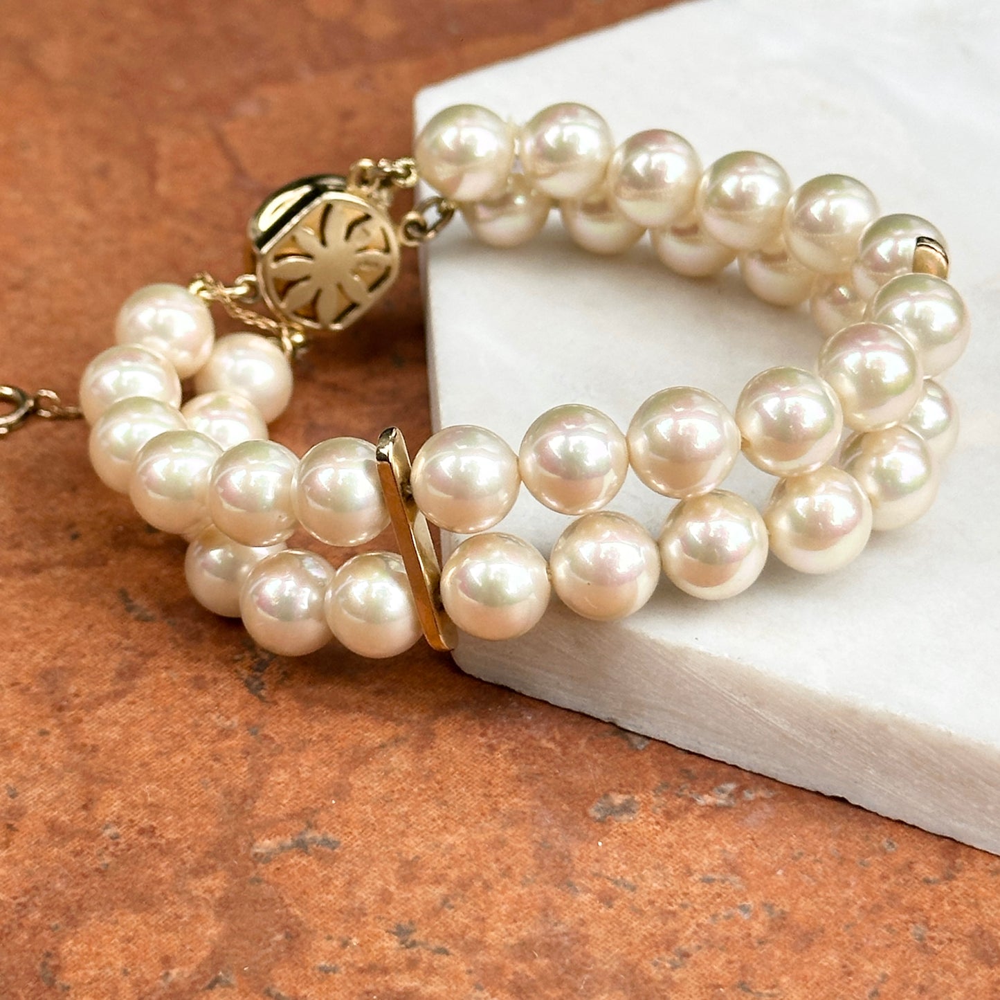 Estate Gold-Plated Silver Faux Pearl Double Strand Bracelet