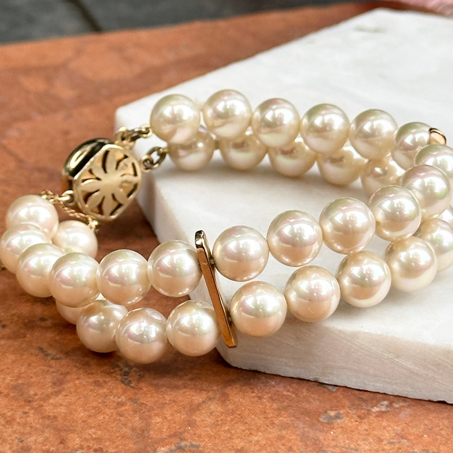 Estate Gold-Plated Silver Faux Pearl Double Strand Bracelet