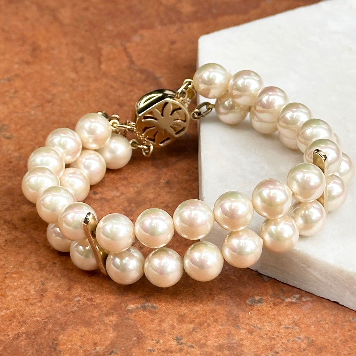 Estate Gold-Plated Silver Faux Pearl Double Strand Bracelet