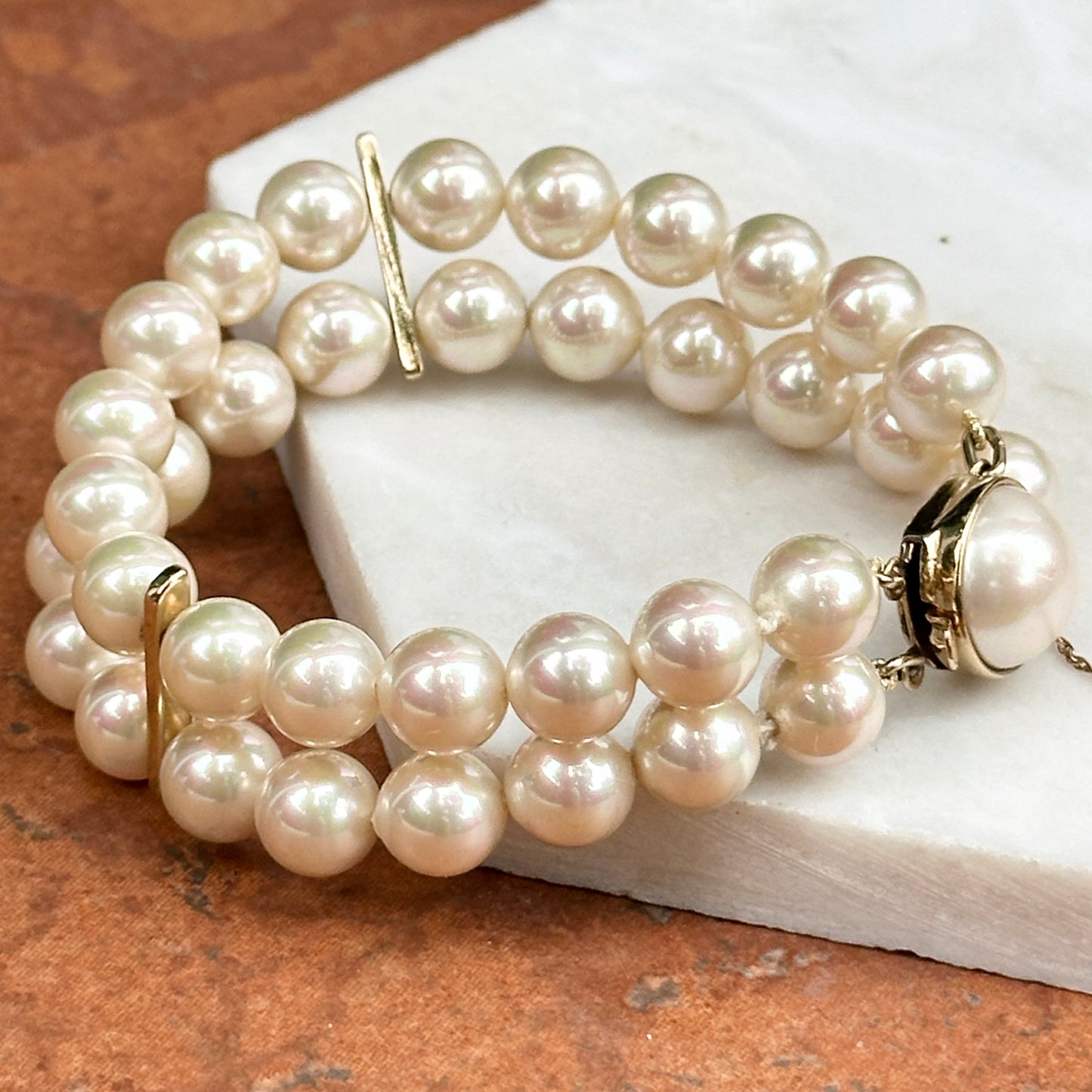 Estate Gold-Plated Silver Faux Pearl Double Strand Bracelet