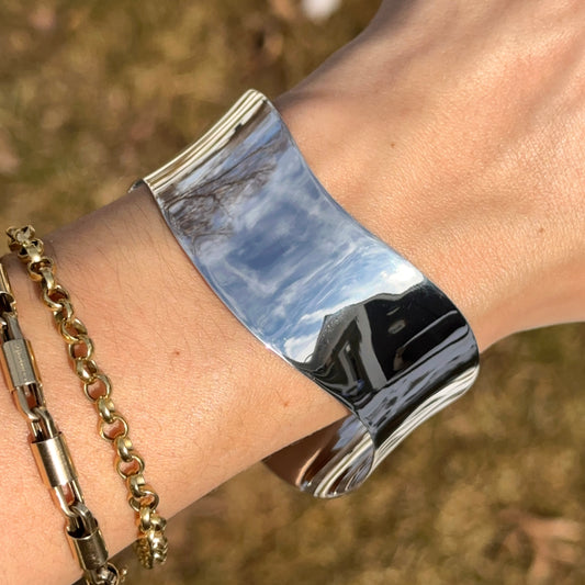 Sterling Silver Wave Solid Cuff Bangle Bracelet 25mm New